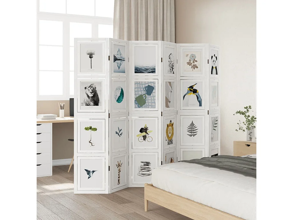 Biombo separador de 6 paneles madera maciza Paulownia blanco ES424683