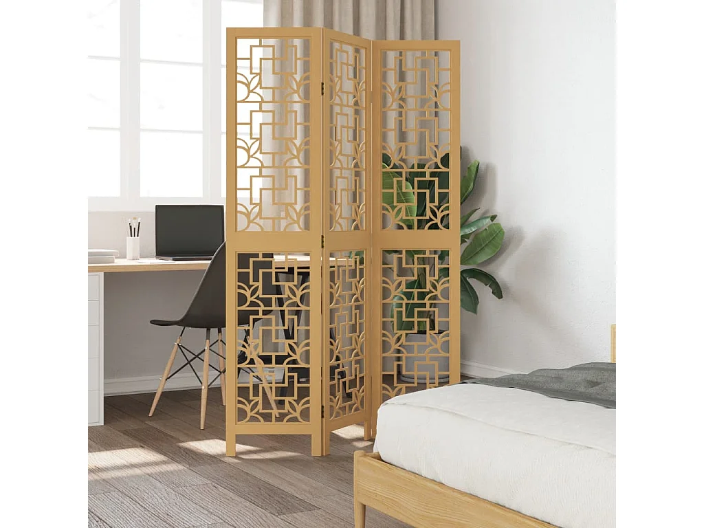 Paravent - Cloison de séparation 3 panneaux marron bois paulownia massif FR87978