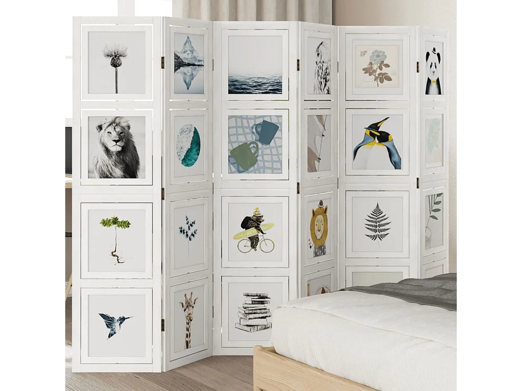 Biombo separador de 6 paneles madera maciza Paulownia blanco ES357984