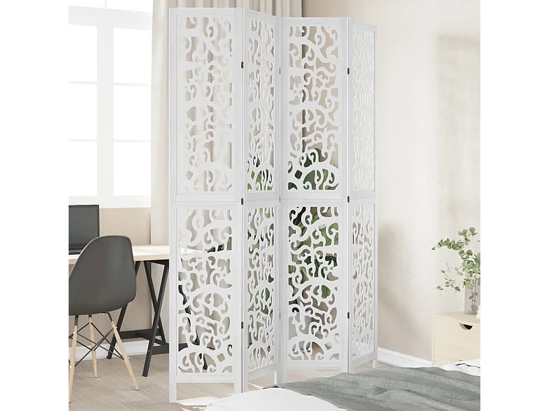 Biombo separador de 4 paneles madera maciza Paulownia blanco ES644583