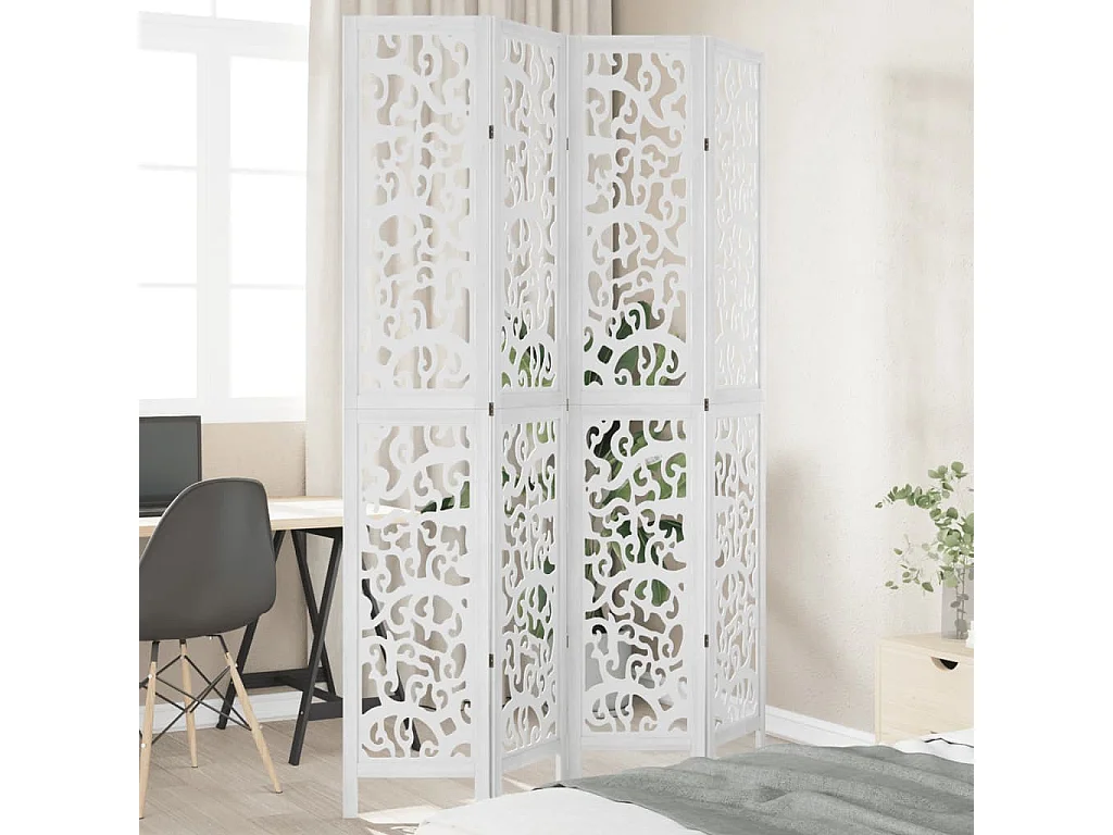 Biombo separador de 4 paneles madera maciza Paulownia blanco ES644583