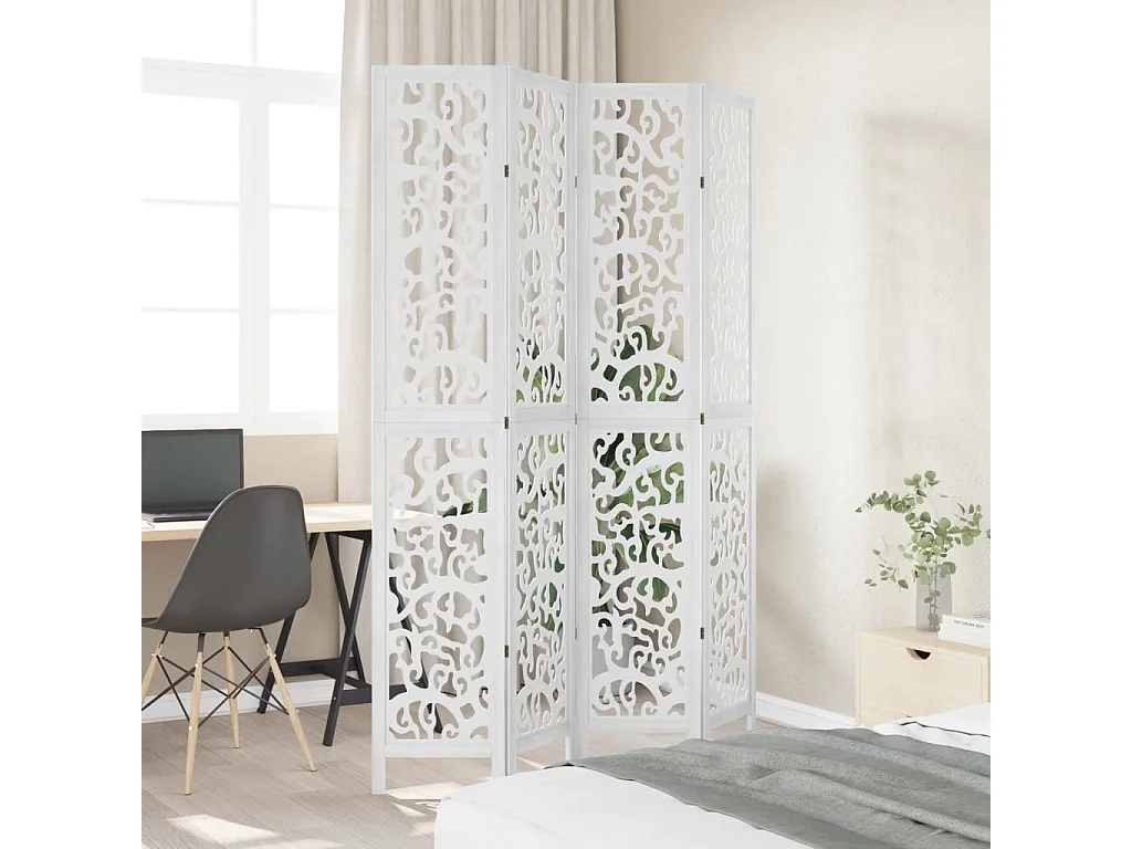 Biombo separador de 4 paneles madera maciza Paulownia blanco ES644583