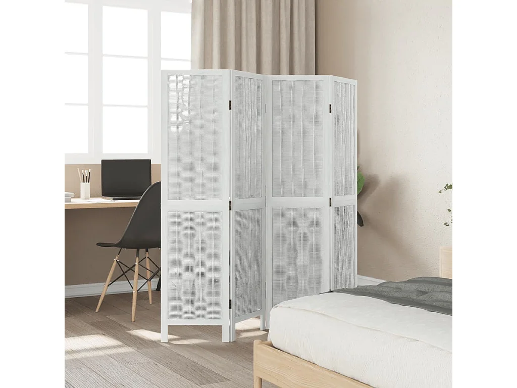 Biombo separador de 4 paneles madera maciza Paulownia blanco ES843465