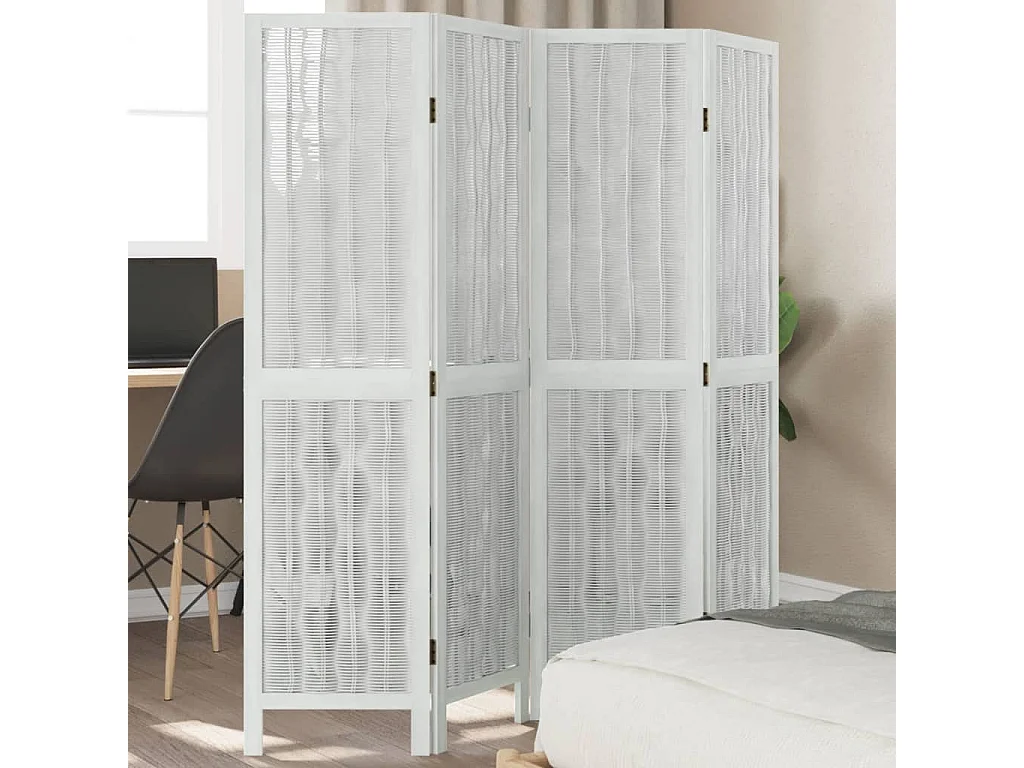 Biombo separador de 4 paneles madera maciza Paulownia blanco ES843465