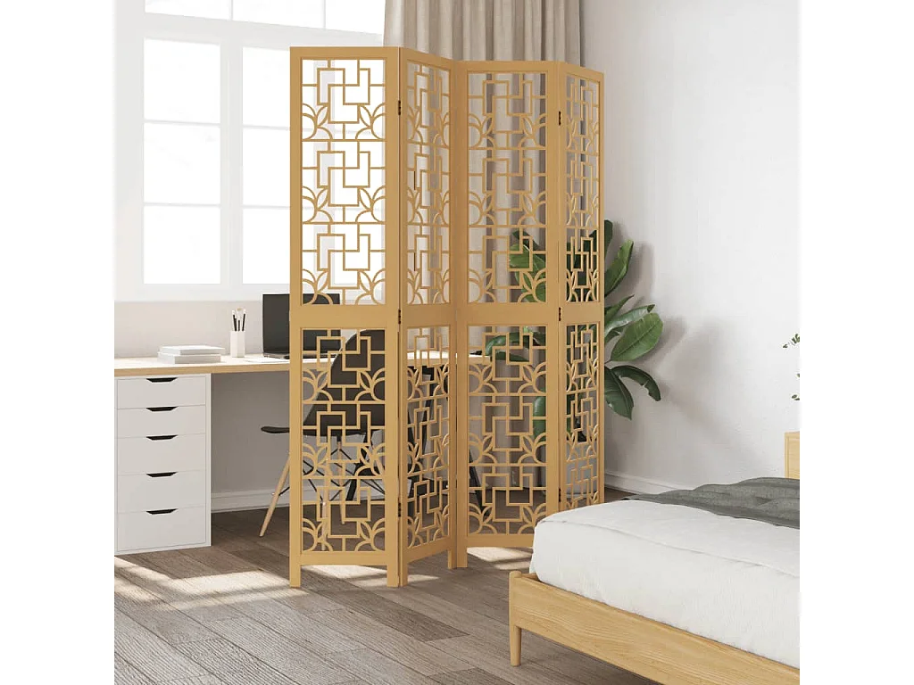 Biombo separador de 4 paneles madera maciza paulownia marrón ES744021