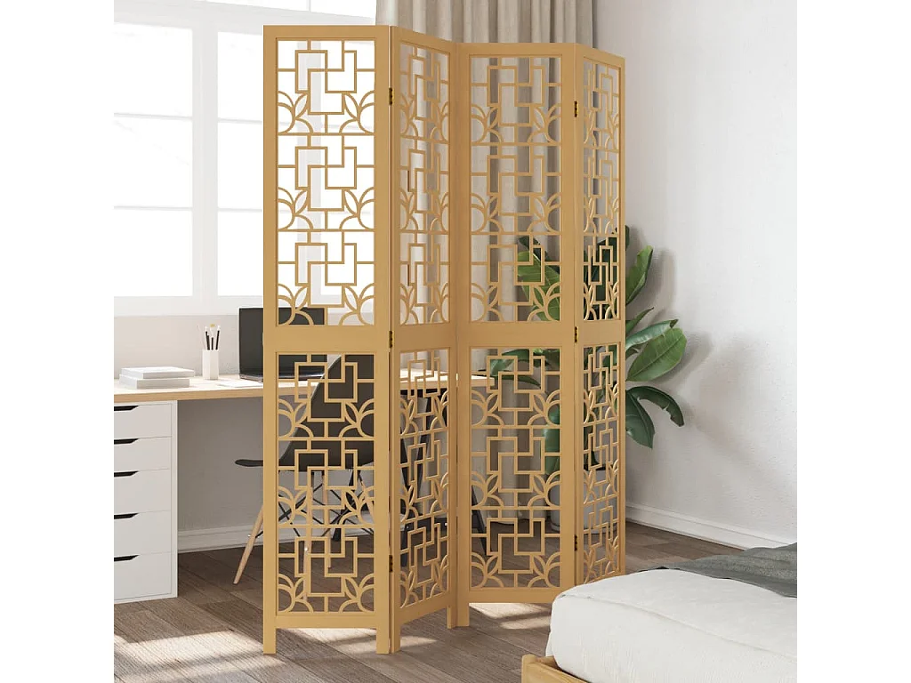 Biombo separador de 4 paneles madera maciza paulownia marrón ES744021