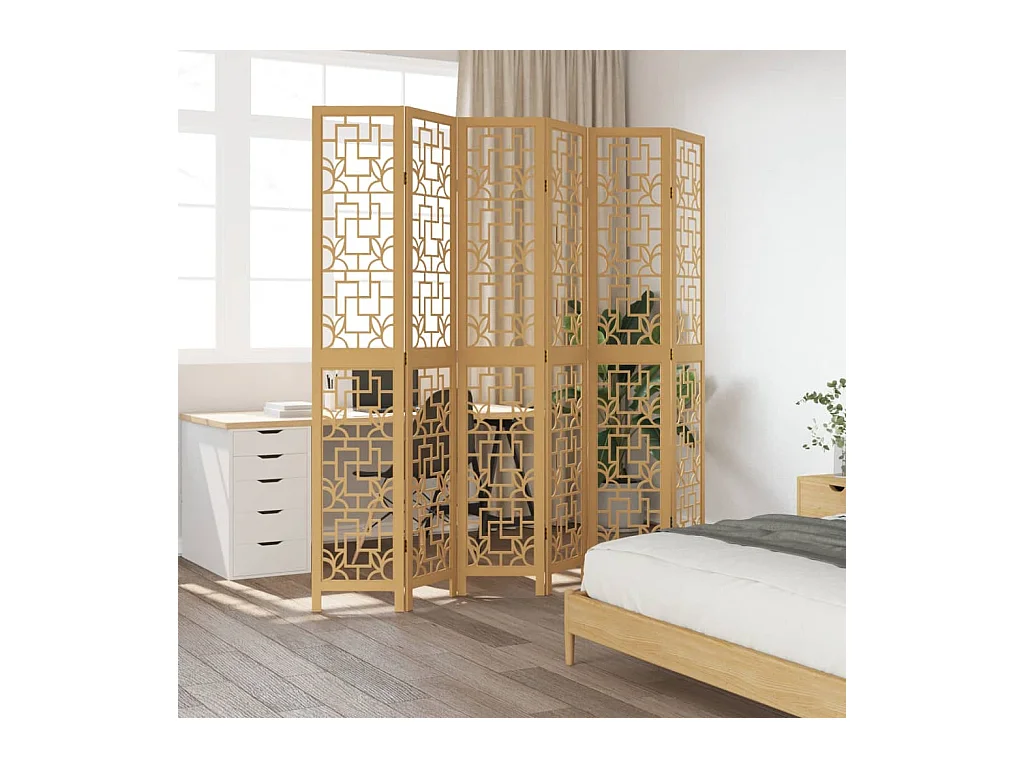 Biombo separador de 6 paneles madera maciza paulownia marrón ES718804