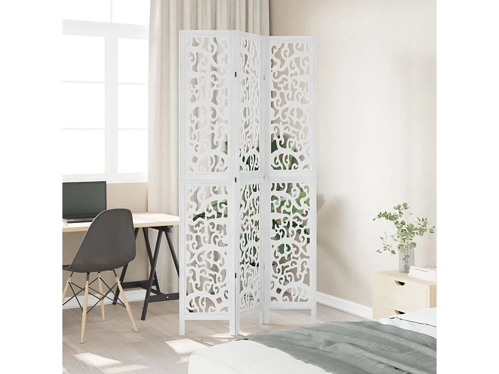Biombo separador de 3 paneles madera maciza Paulownia blanco ES316099