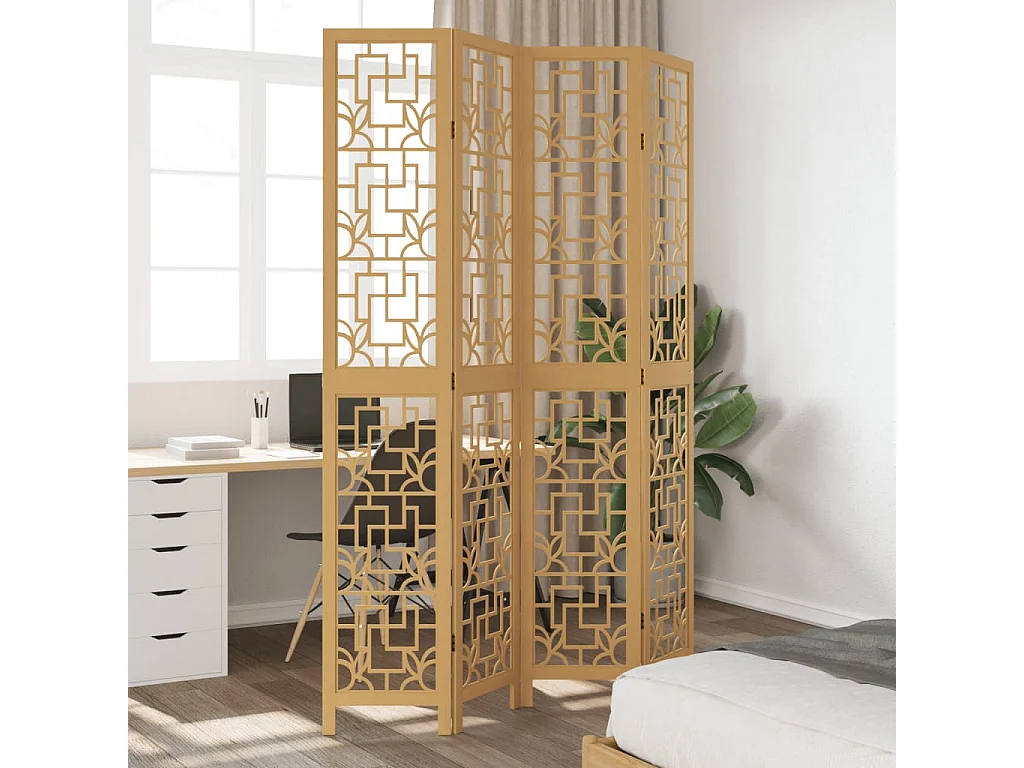 Biombo separador de 4 paneles madera maciza paulownia marrón ES726082