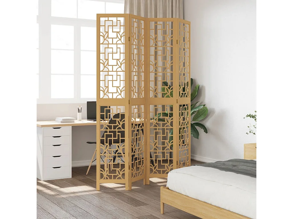 Biombo separador de 4 paneles madera maciza paulownia marrón ES726082