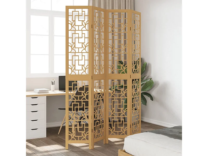 Biombo separador de 4 paneles madera maciza paulownia marrón ES726082