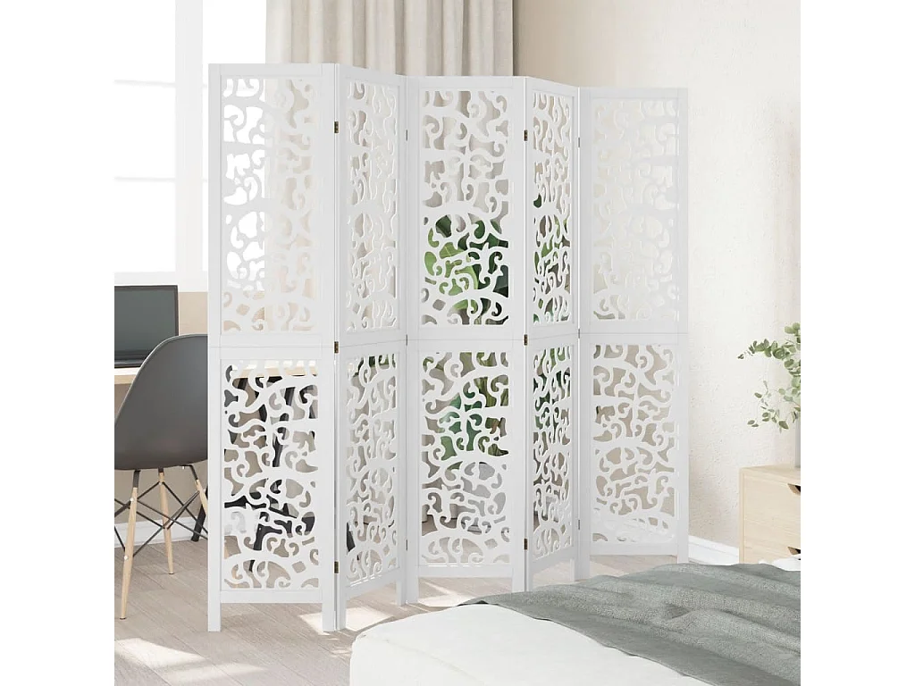 Biombo separador de 5 paneles madera maciza Paulownia blanco ES821647