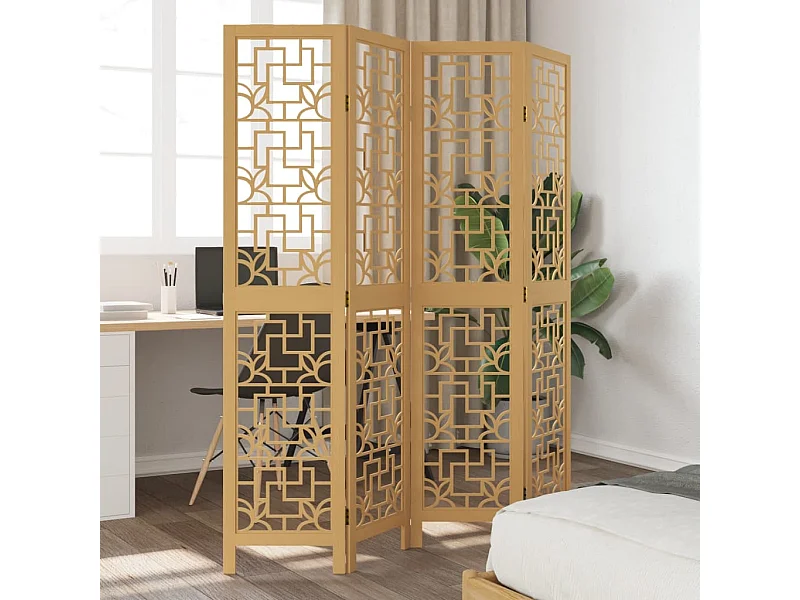 Biombo separador de 4 paneles madera maciza paulownia marrón ES807712