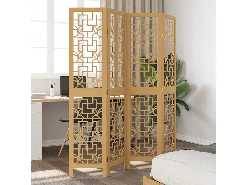Biombo separador de 4 paneles madera maciza paulownia marrón ES807712