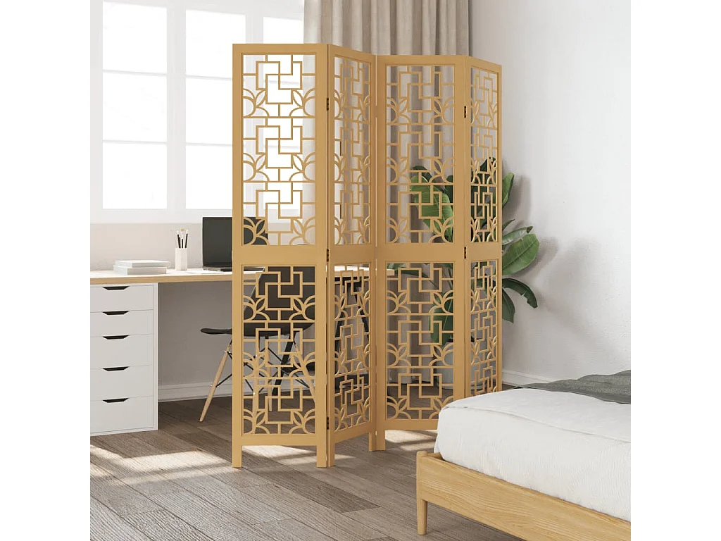 Biombo separador de 4 paneles madera maciza paulownia marrón ES807712