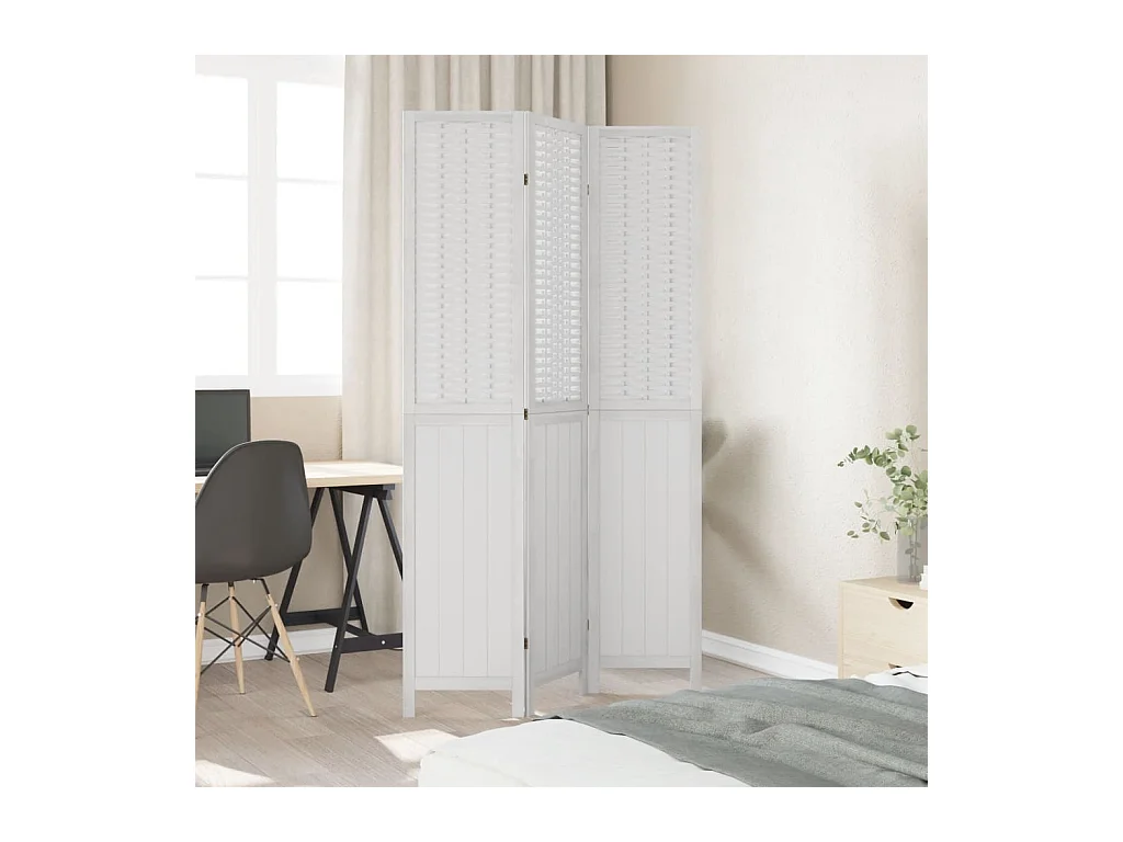 Biombo separador de 3 paneles madera maciza Paulownia blanco ES977445