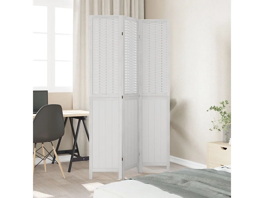 Biombo separador de 3 paneles madera maciza Paulownia blanco ES977445