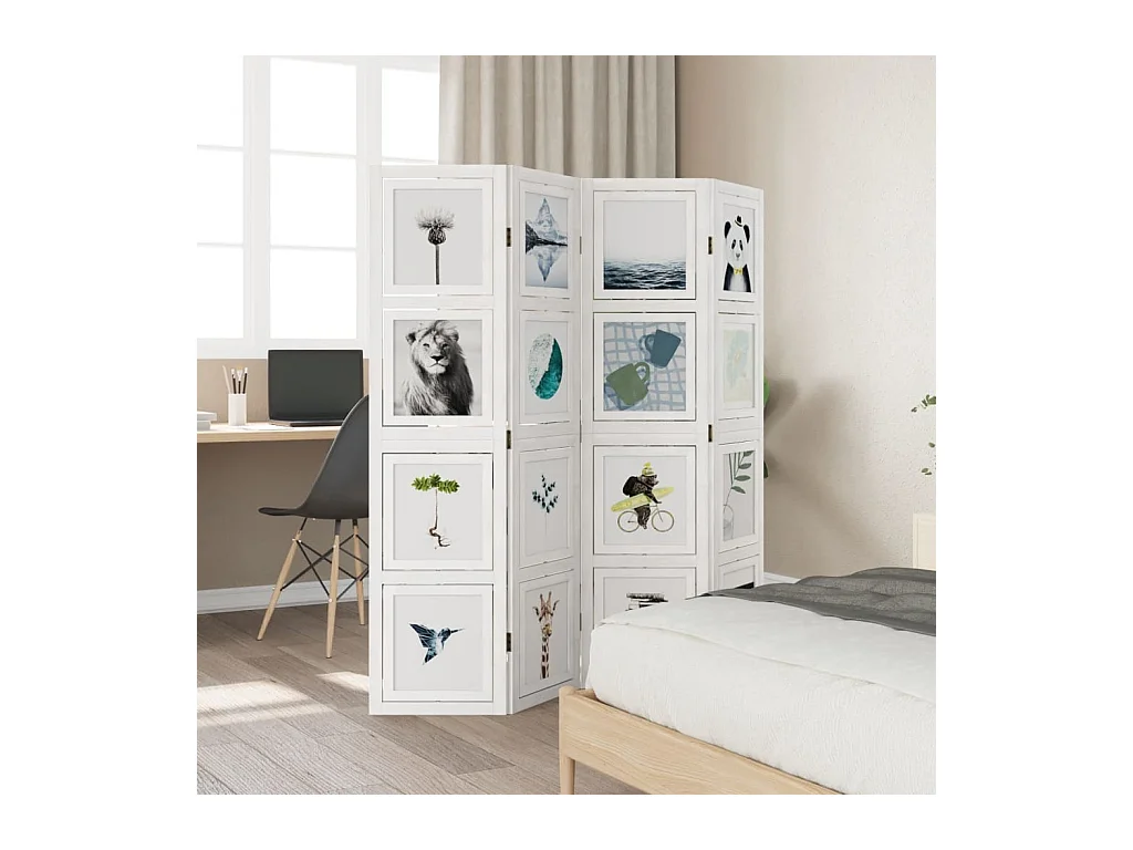 Biombo separador de 4 paneles madera maciza Paulownia blanco ES543327