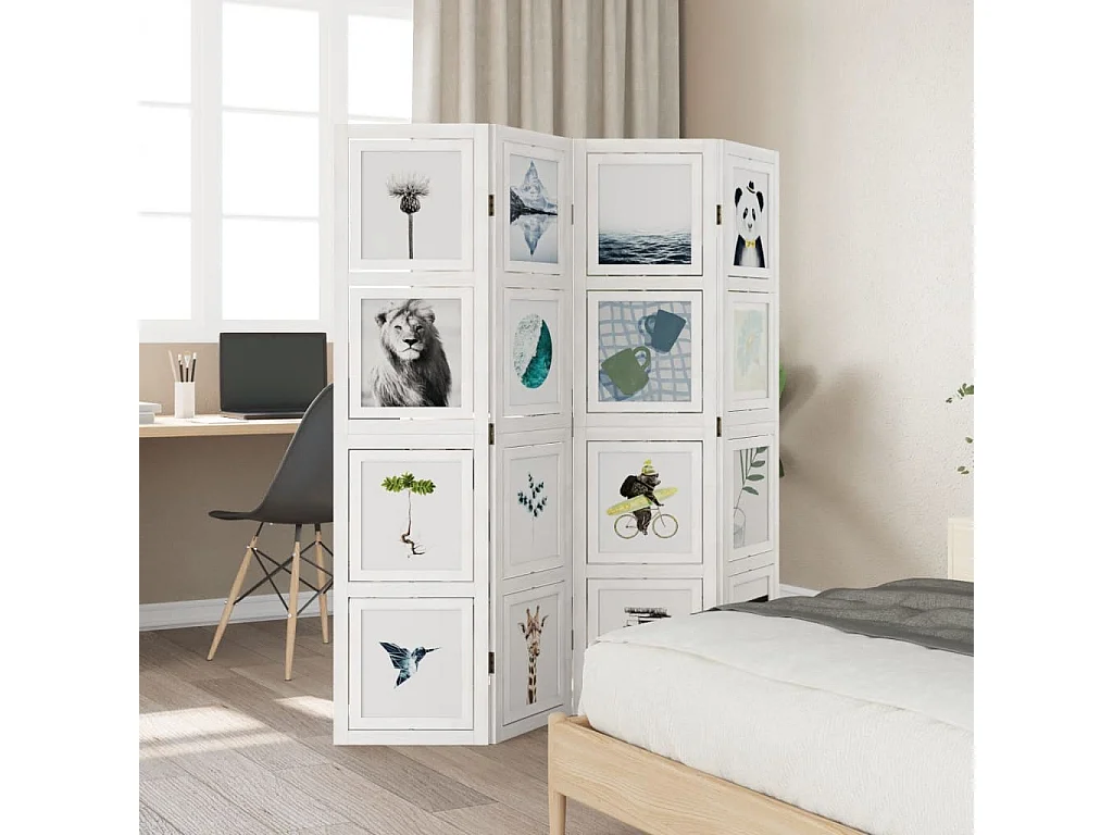 Paravent - Cloison de séparation 4 panneaux blanc bois de paulownia massif FR47786