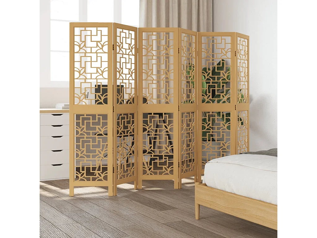 Paravent - Cloison de séparation 6 panneaux marron bois paulownia massif FR61892