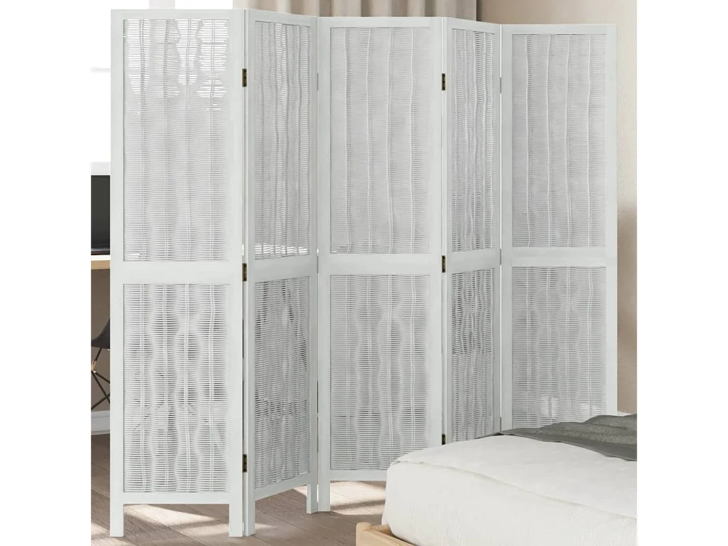 Biombo separador de 5 paneles madera maciza Paulownia blanco ES902363
