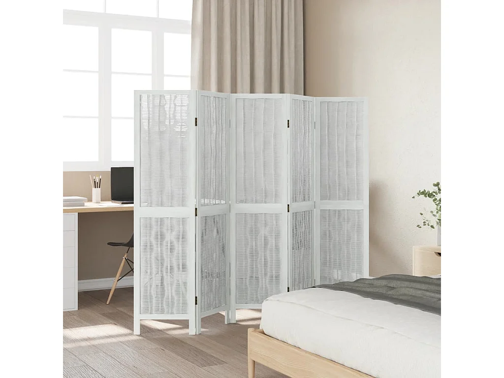 Biombo separador de 5 paneles madera maciza Paulownia blanco ES902363
