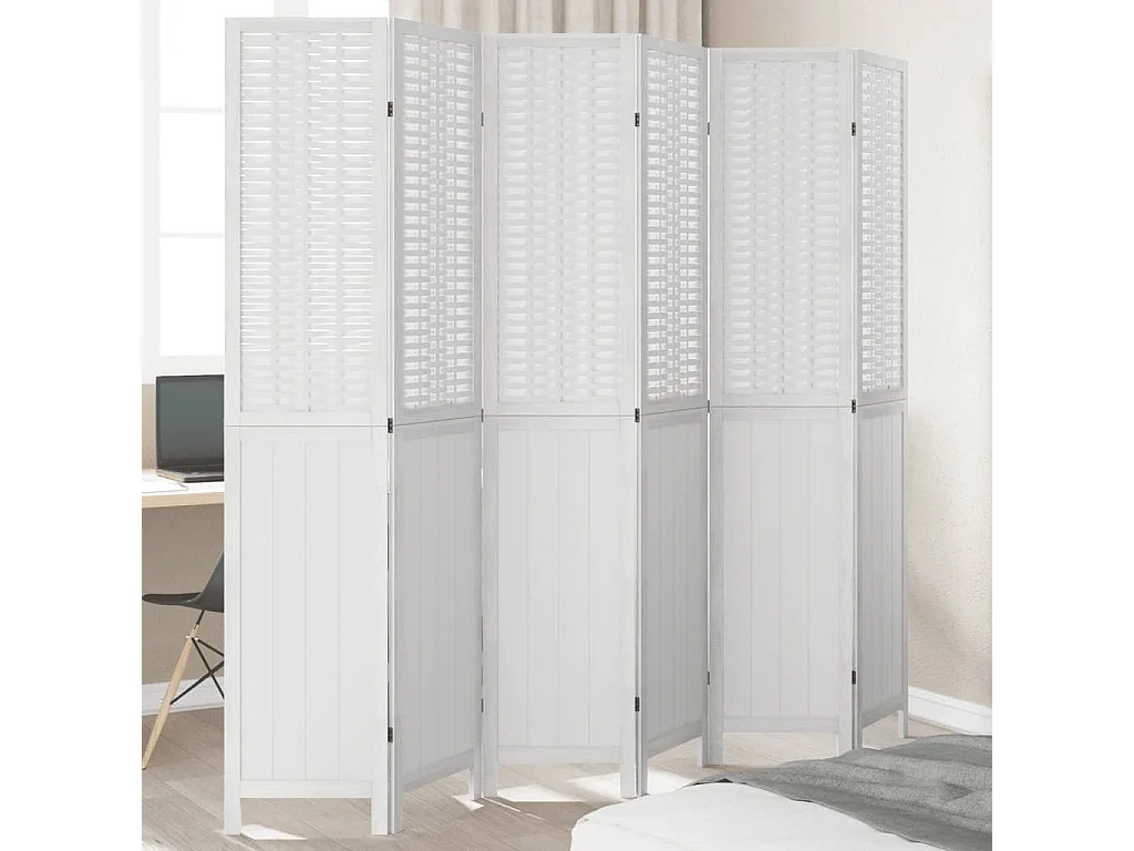 Biombo separador de 6 paneles madera maciza Paulownia blanco ES794544