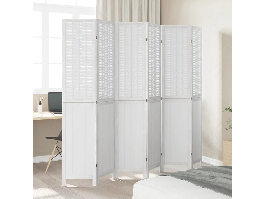 Biombo separador de 6 paneles madera maciza Paulownia blanco ES794544