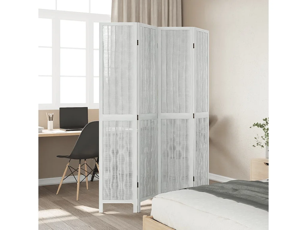 Biombo separador de 4 paneles madera maciza Paulownia blanco ES883206