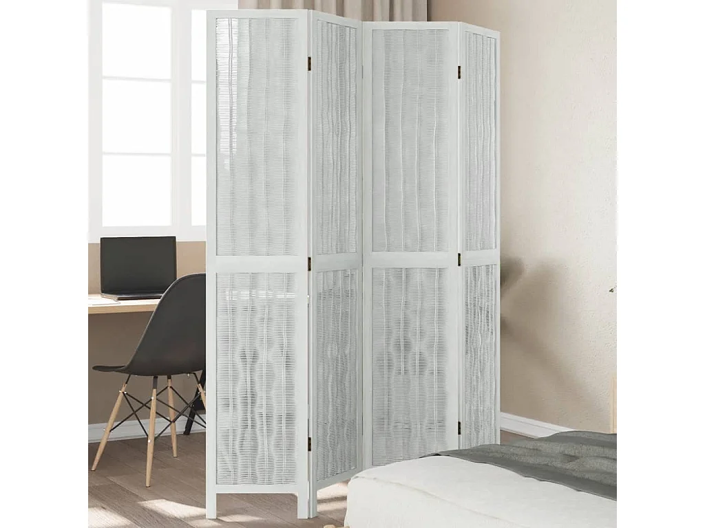 Biombo separador de 4 paneles madera maciza Paulownia blanco ES883206