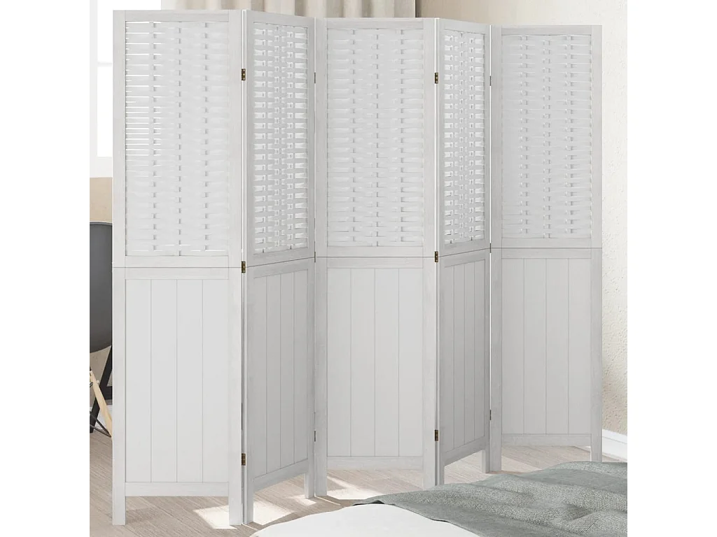 Biombo separador de 5 paneles madera maciza Paulownia blanco ES255059
