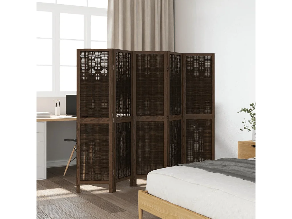 Kamerscherm met 5 panelen massief paulowniahout donkerbruin BE589240