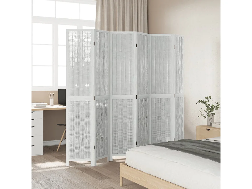 Biombo separador de 6 paneles madera maciza Paulownia blanco ES406566