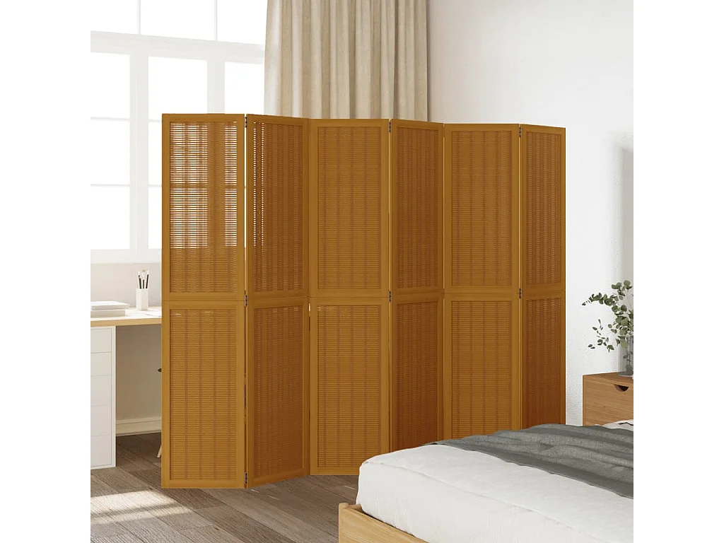 Biombo separador de 6 paneles madera maciza paulownia marrón ES938030