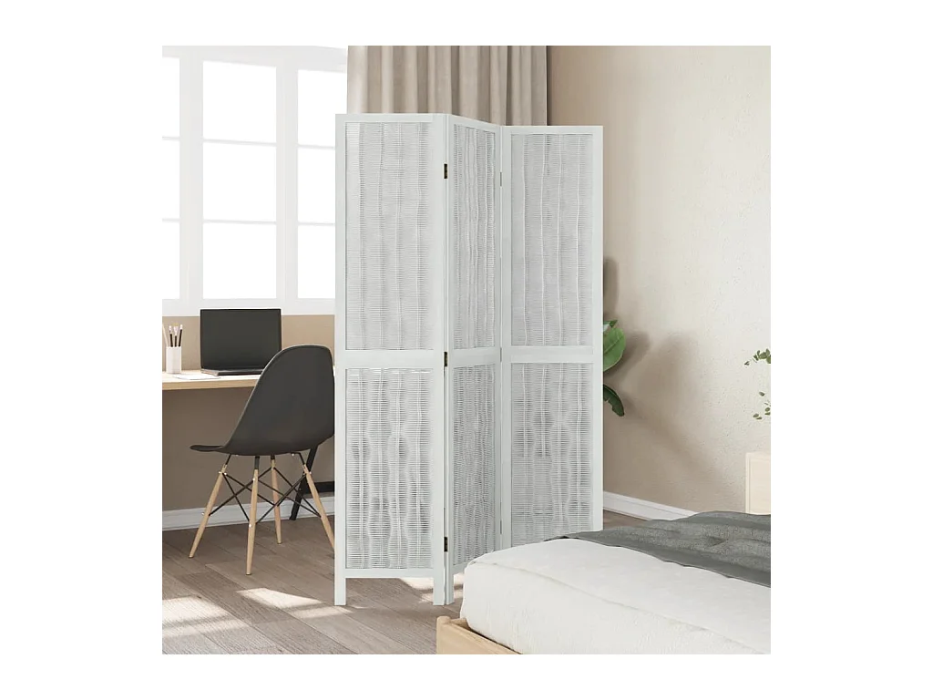 Biombo separador de 3 paneles madera maciza Paulownia blanco ES107386