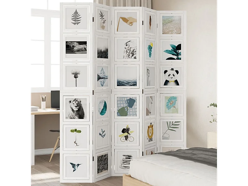 Biombo separador de 5 paneles madera maciza Paulownia blanco ES866592