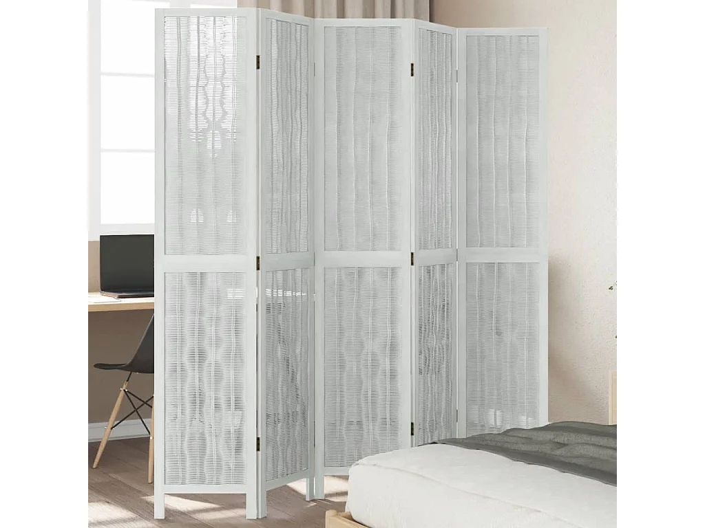 Biombo separador de 5 paneles madera maciza Paulownia blanco ES217926