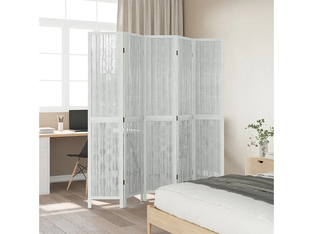 Biombo separador de 5 paneles madera maciza Paulownia blanco ES217926