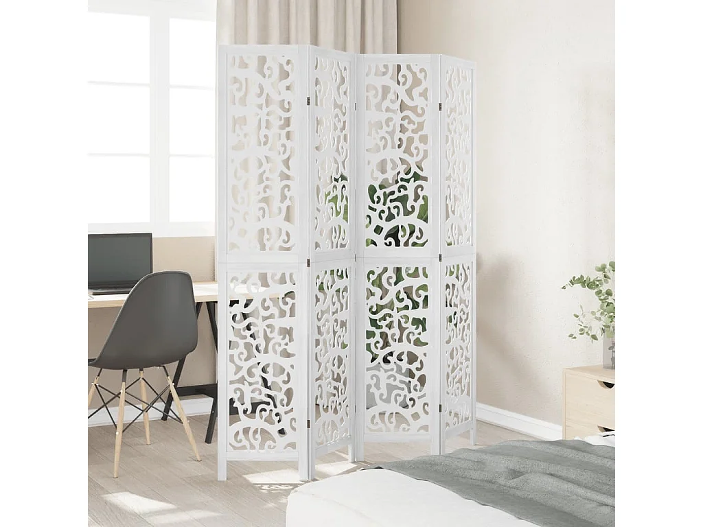 Biombo separador de 4 paneles madera maciza Paulownia blanco ES994359