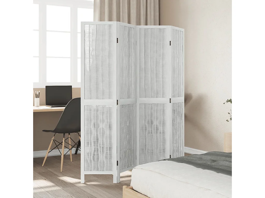 Biombo separador de 4 paneles madera maciza Paulownia blanco ES976357
