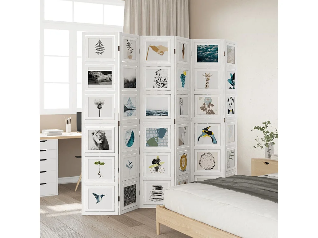 Biombo separador de 6 paneles madera maciza Paulownia blanco ES923675