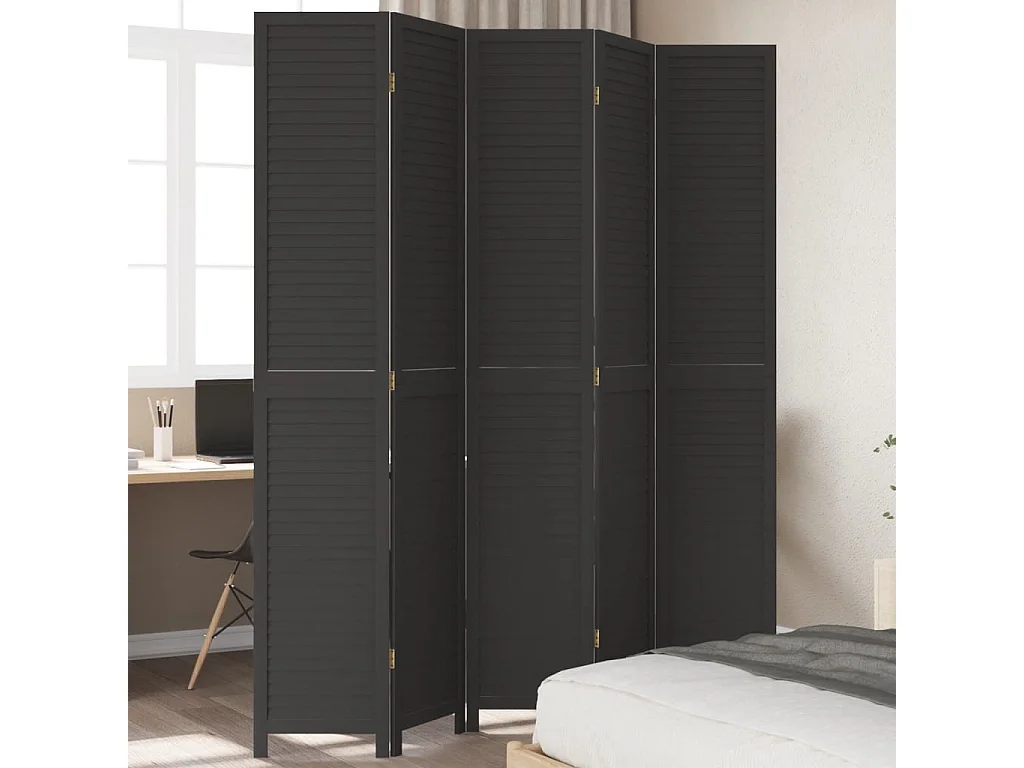 Biombo separador de 5 paneles madera maciza Paulownia negro ES917820