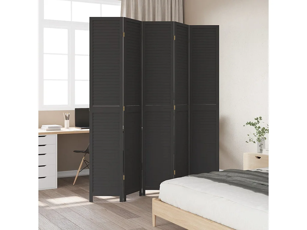 Paravent - Cloison de séparation 5 panneaux noir bois de paulownia massif FR23462