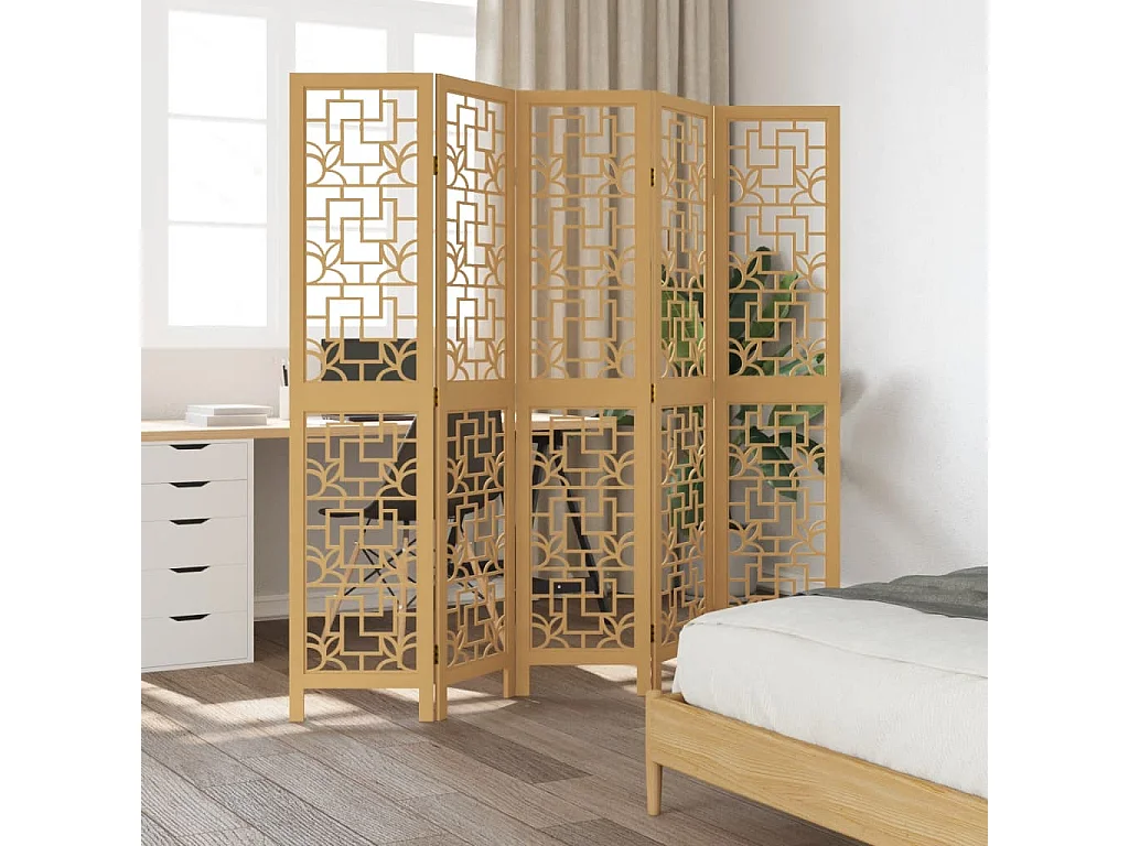 Biombo separador de 5 paneles madera maciza paulownia marrón ES279208