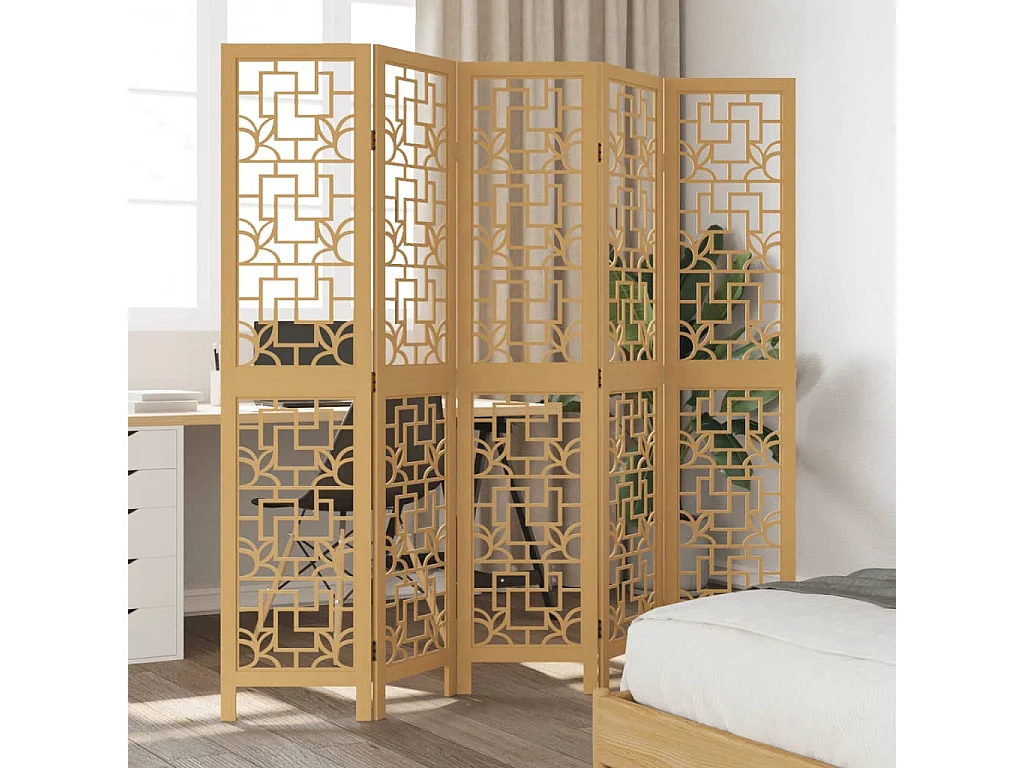 Biombo separador de 5 paneles madera maciza paulownia marrón ES279208