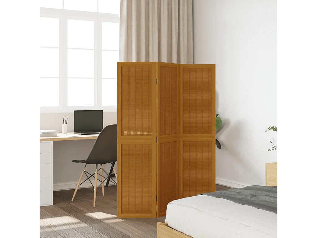 Paravent - Cloison de séparation 3 panneaux marron bois paulownia massif FR81608
