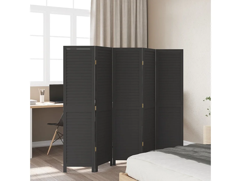 Biombo separador de 5 paneles madera maciza Paulownia negro ES369047