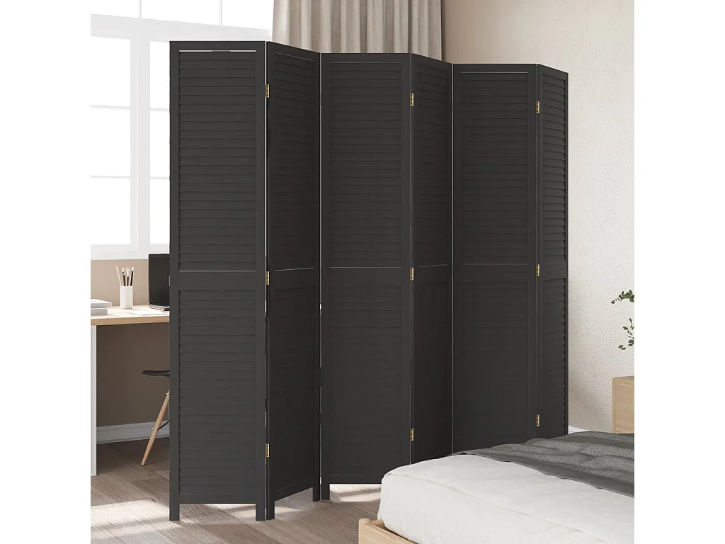Biombo separador de 6 paneles madera maciza Paulownia negro ES632714