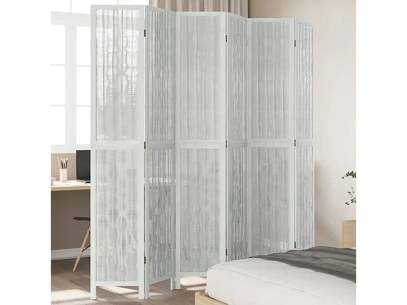 Biombo separador de 6 paneles madera maciza Paulownia blanco ES813255