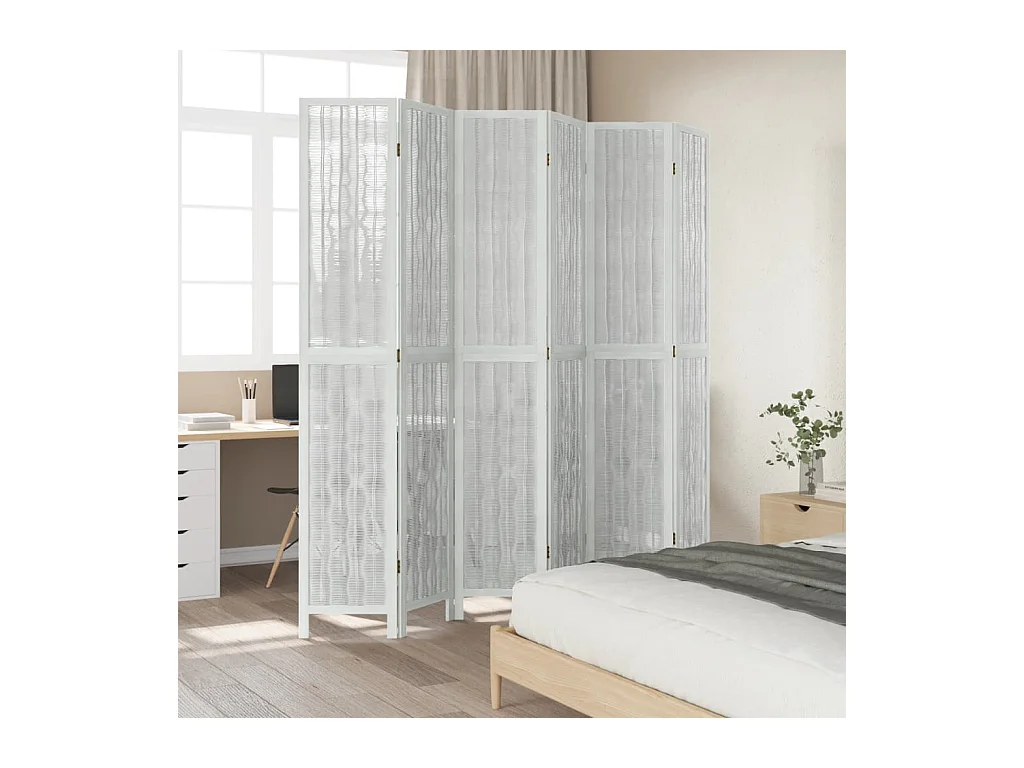 Biombo separador de 6 paneles madera maciza Paulownia blanco ES813255
